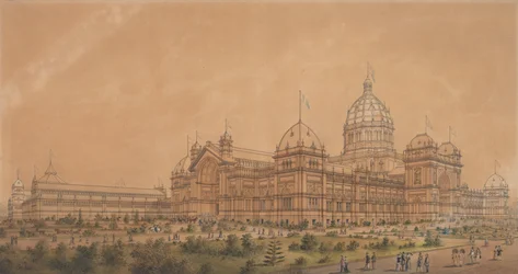 Het tentoonstellingsgebouw Melbourne 1880, het zuidwestelijke aspect van de grote hal